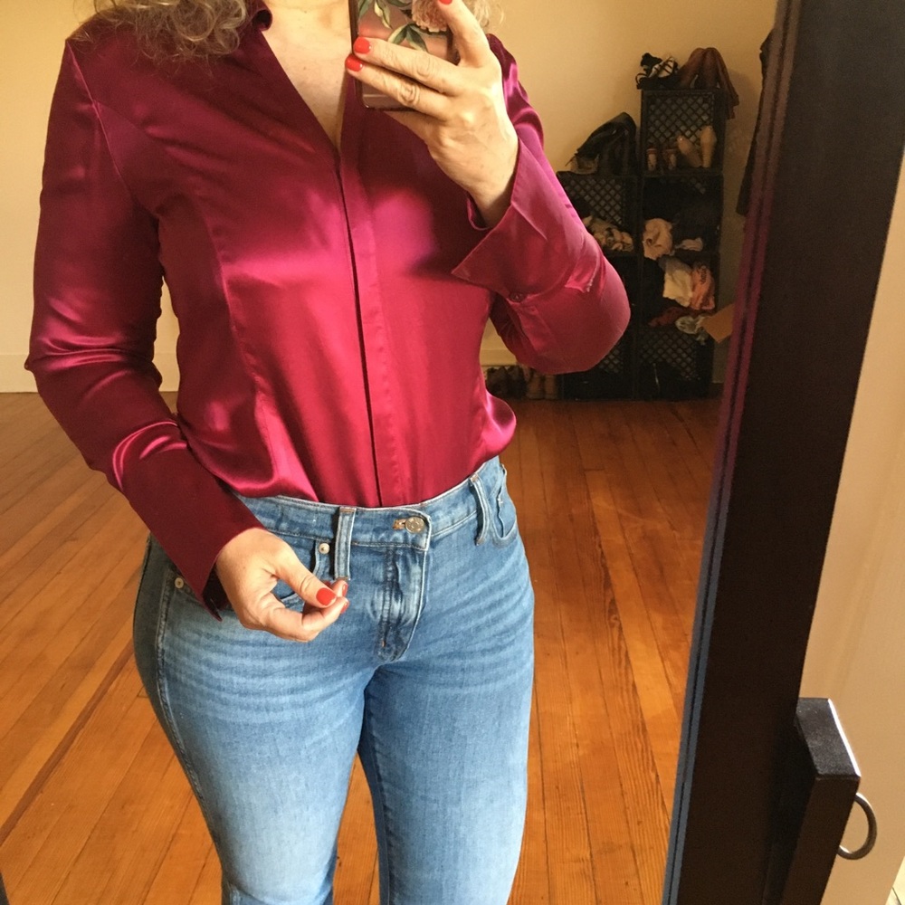100% Silk Vintage Satin Blouse Magenta Pink